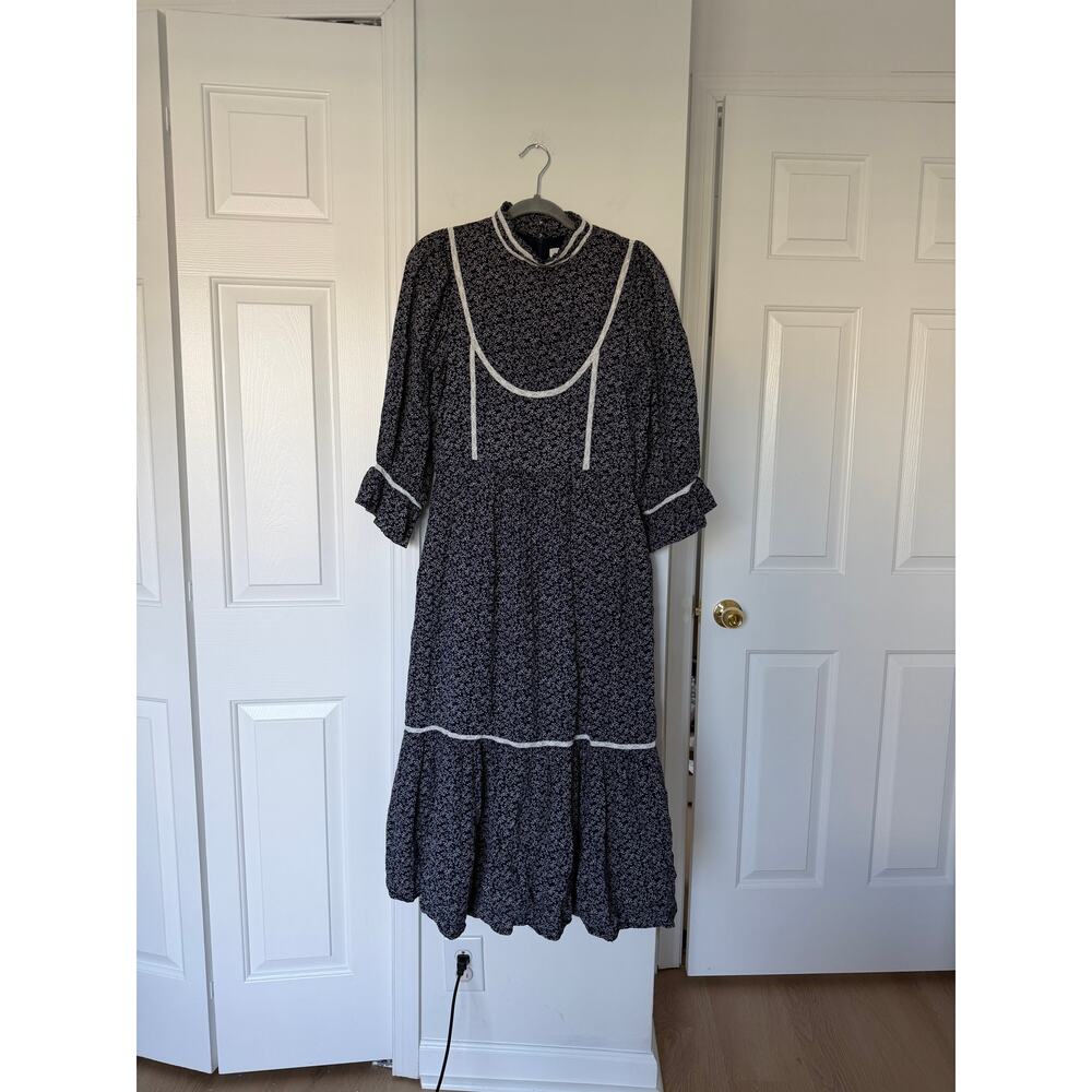 Meadows 100% Cotton Cottage Core Navy and White Floral Amaryllis Midi Dress - Picture 2 of 7